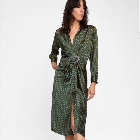 zara green belted dress